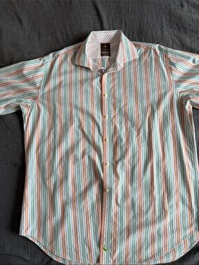 Tailorbyrd Men's Stripe Button-Down Shirt in Mint Green & Coral